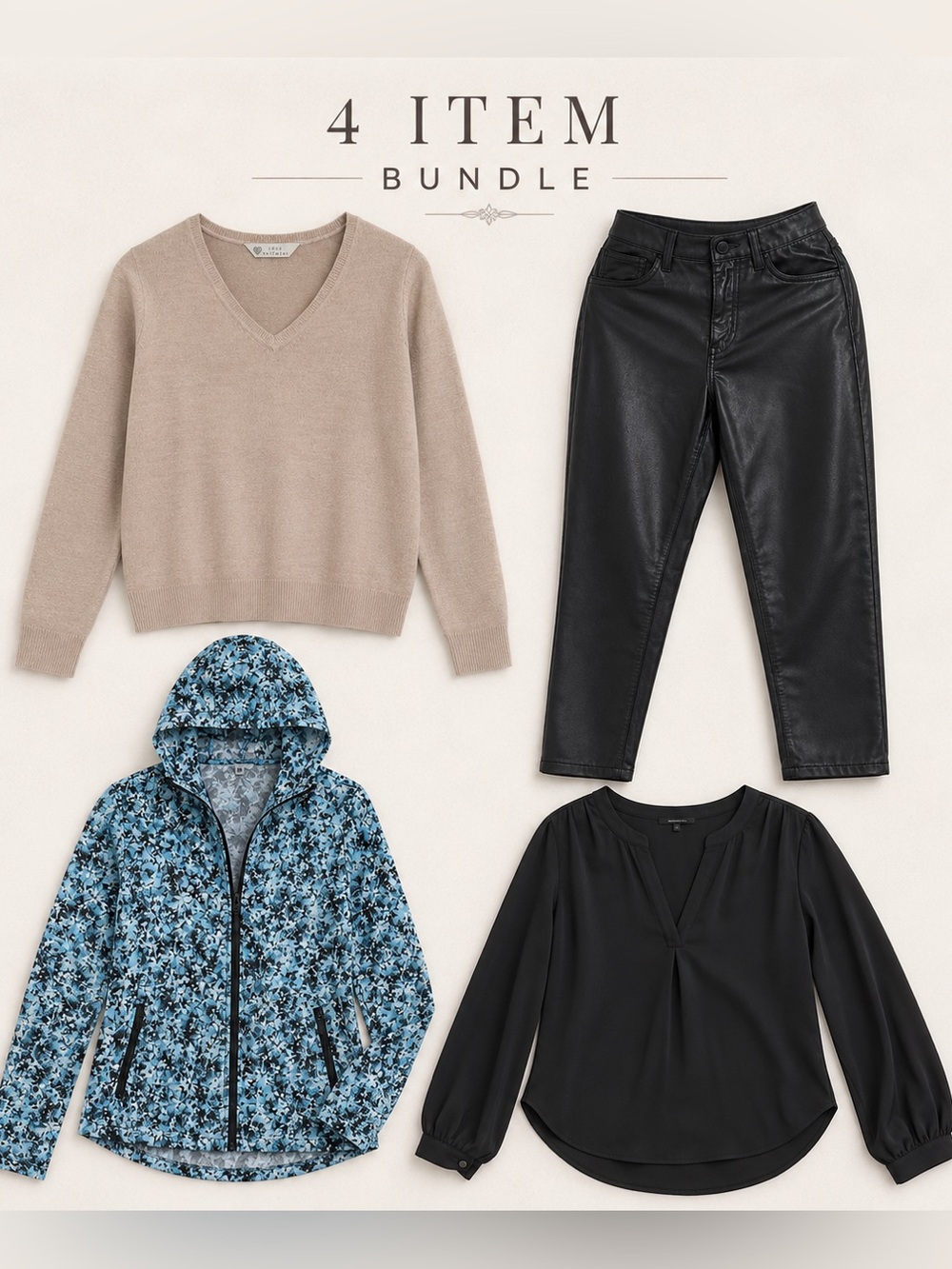 Women’s 4 Piece Bundle – Blouse, Faux Leather Pants, Sweater & Jacket